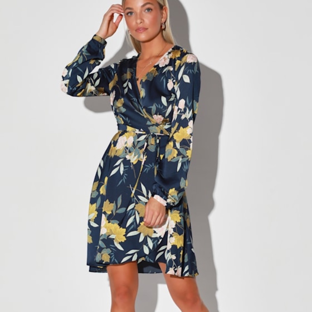 Lulus Love Is Life Navy Blue Floral Print Satin Wrap Dress - Size S